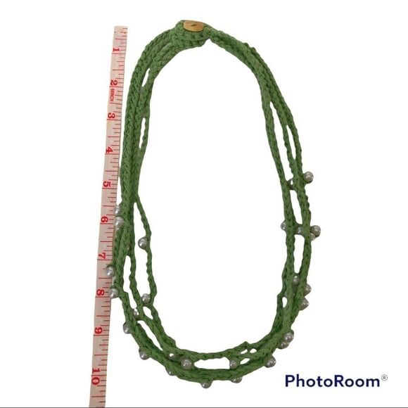 Hand Crafted Crochet Boho Bead Necklace Green Gray Beads Wood Button Pearlcore - Picture 2 of 9